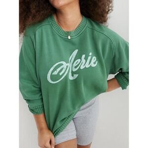 Aerie Down To Earth Crew Neck Sweatshirt Women's XS Oversized Kelly Green Logo